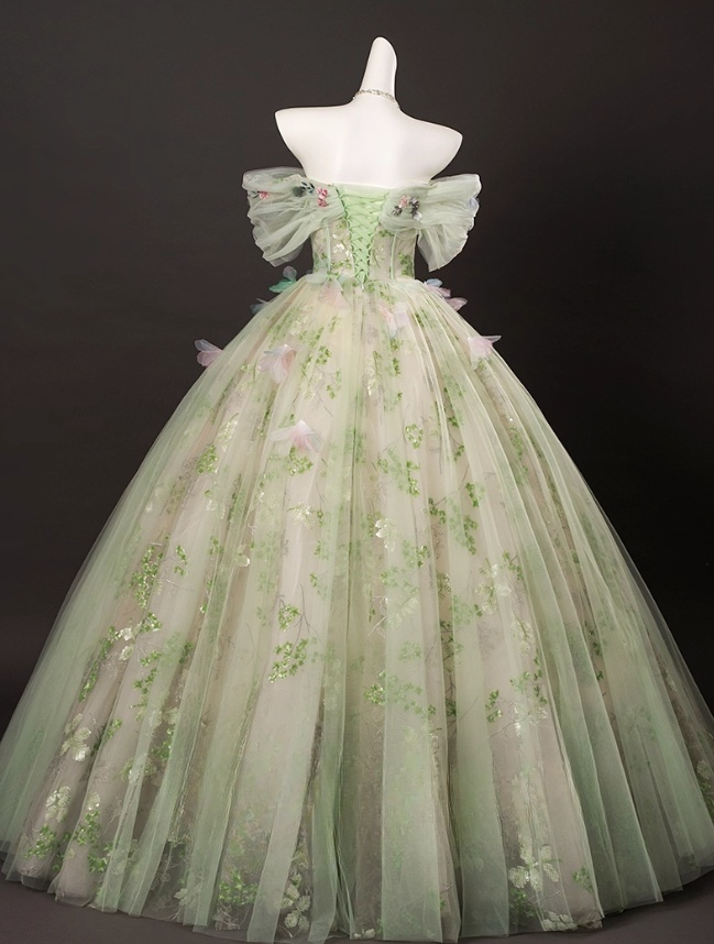 Elegant Light Green Tulle Floral Sweet 16 Quinceanera A-Line Off-the-shoulder Evening Dress Long Ball Gown HZ1024