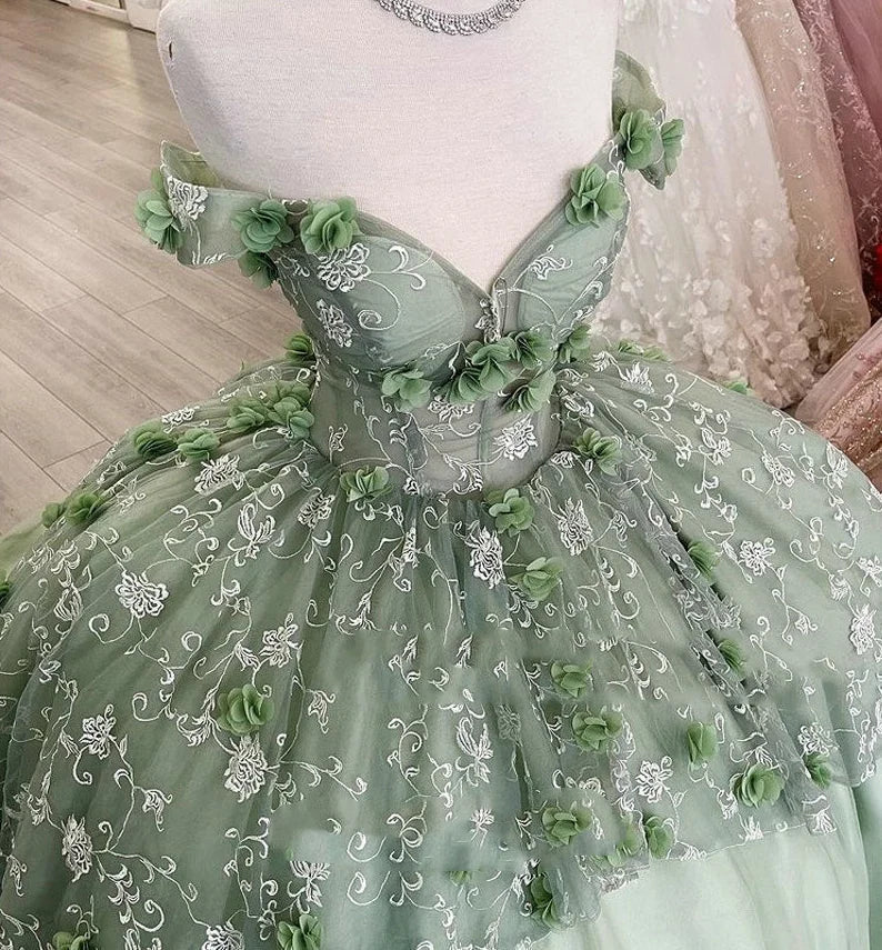 Elegant Sage Green Applique Off-the-shoulder Sweet 16 Quinceanera A-Line Tulle Floor-length Prom Dress Birthday Dress Evening Dress Ball Gown HZ1024