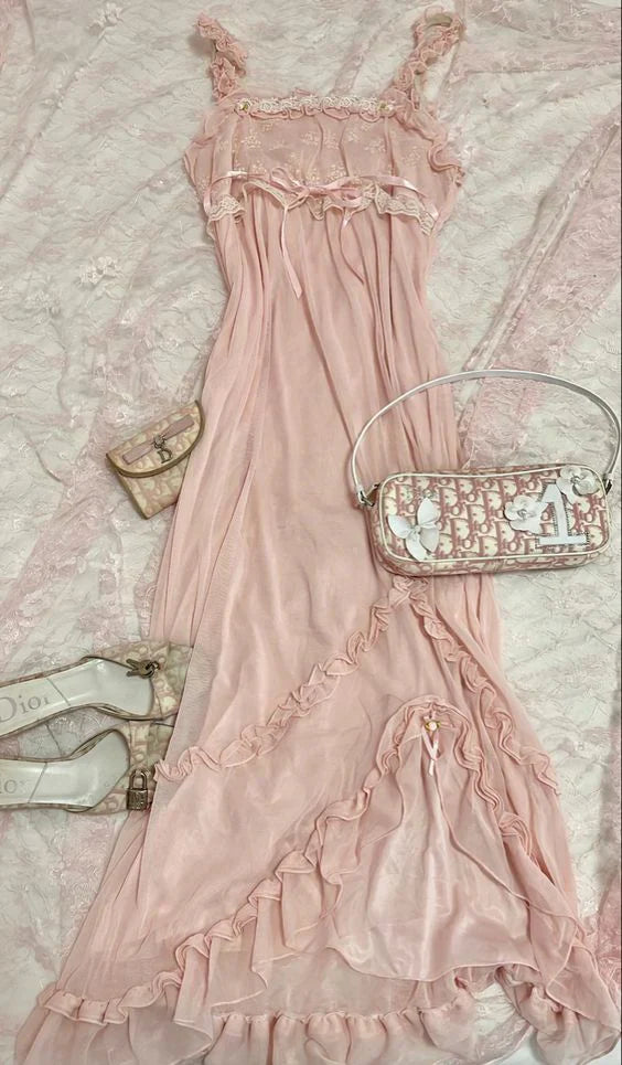 Pink Sweet Elegant Cute Lace Strap Ruffle A-Line Long chiffon prom dress Evening Dress gh2937