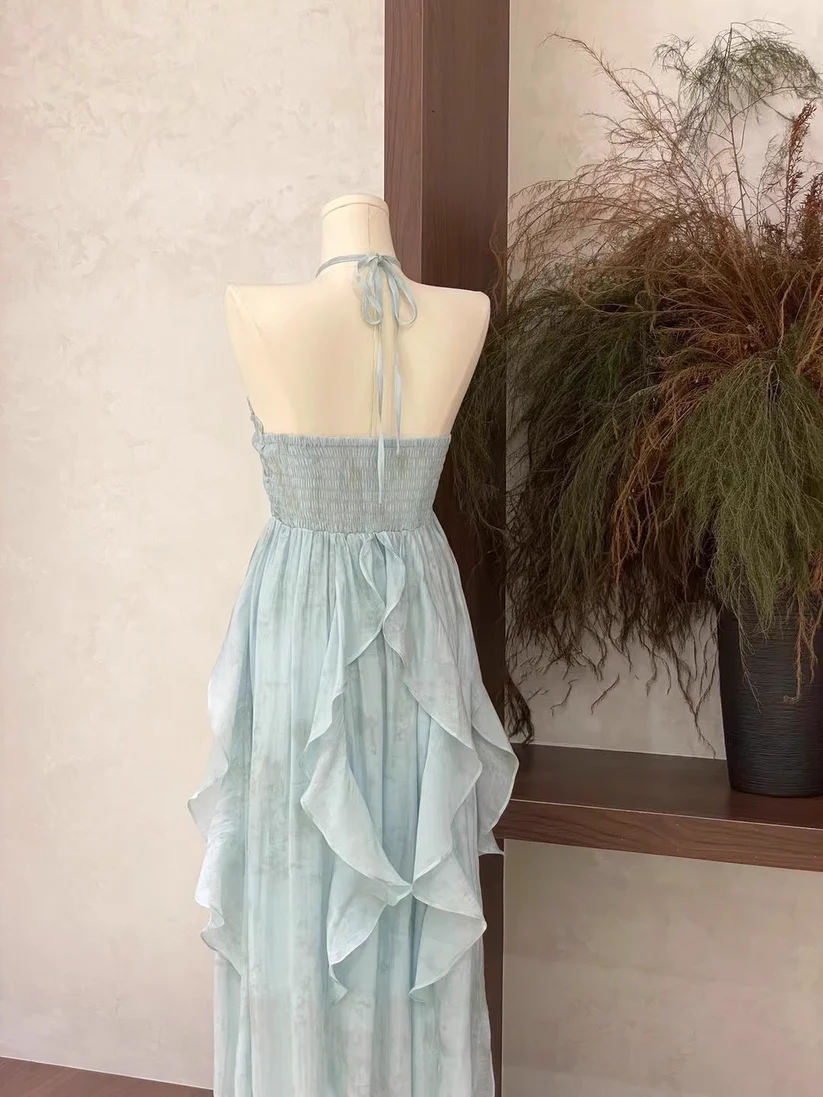 Classy Halter Chiffon Blue Party Dress Birthday Dress cc3051