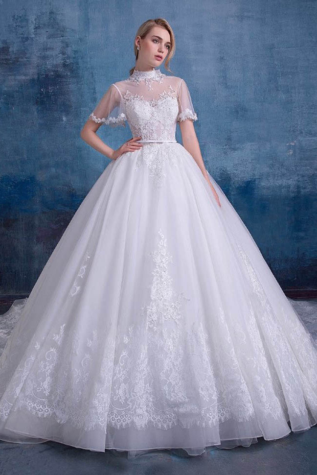Ball-Gown High Neck Cathedral Train Lace Wedding Dress with Lace Appliques