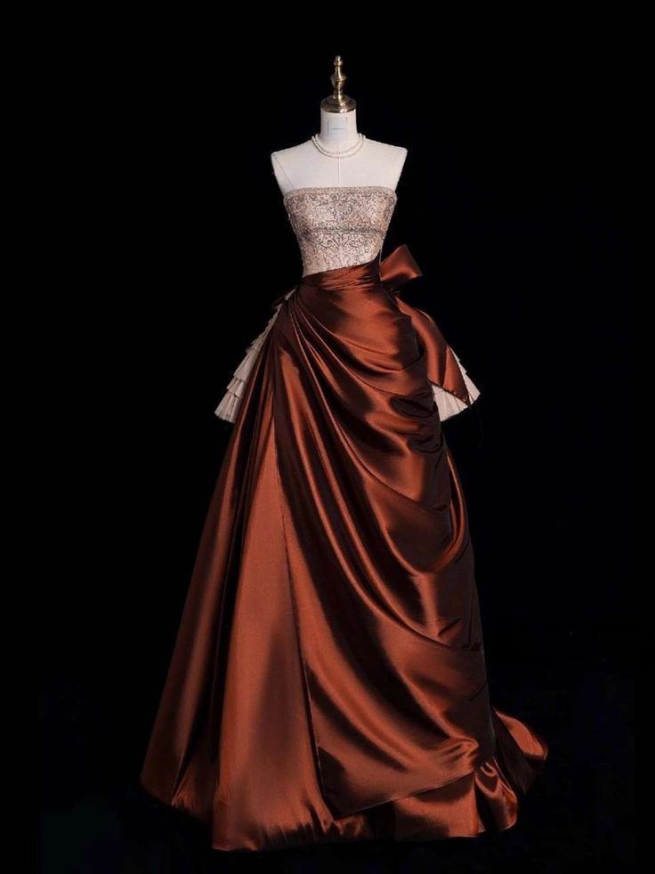 Vintage Strapless Satin Beaded A Line Evening Dress Prom Gown S194