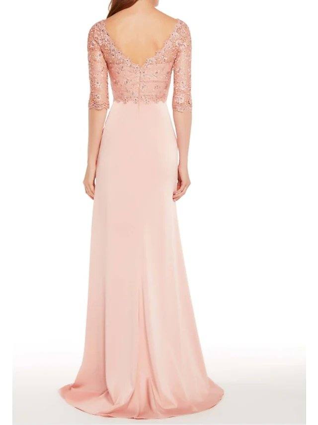 Sheath / Column Mother of the Bride Dress Elegant V Neck Floor Length Chiffon Lace Half Sleeve with Ruffles Appliques - RongMoon