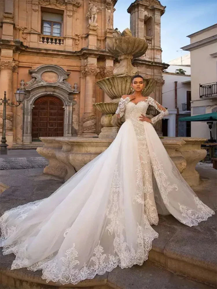 Luxury Mermaid Wedding Dresses O-neck Long Sleeve Appliques Lace Gowns