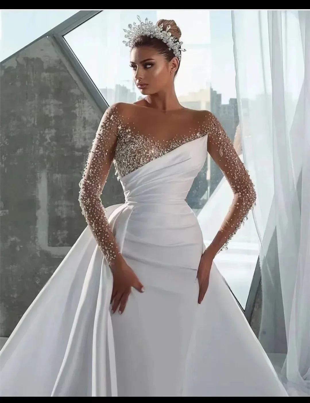 Custom Sparkly Beads Mermaid Wedding Dresses with Attachable Train
