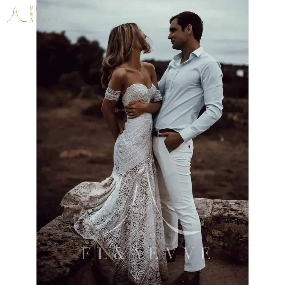 Boho Lace Mermaid Wedding Dresses With Removable Sleeve Gown