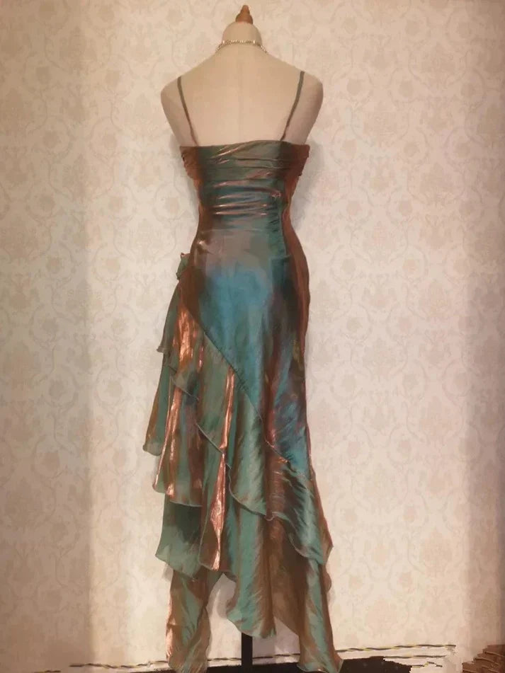 Vintage Elegant Spaghetti Strap Mermaid Ruffles Prom Dress Evening Dress HZ1024