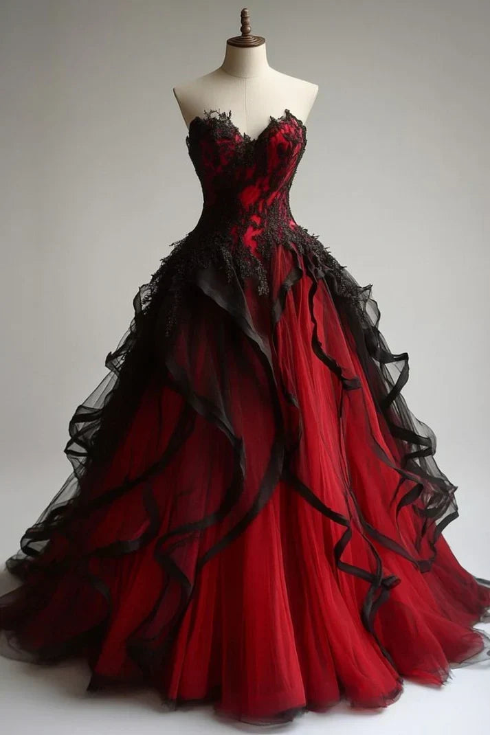 Gorgeous Burgundy Sweetheart Strapless Applique Tulle A-Line Prom Dress Evening Dress HZ1024