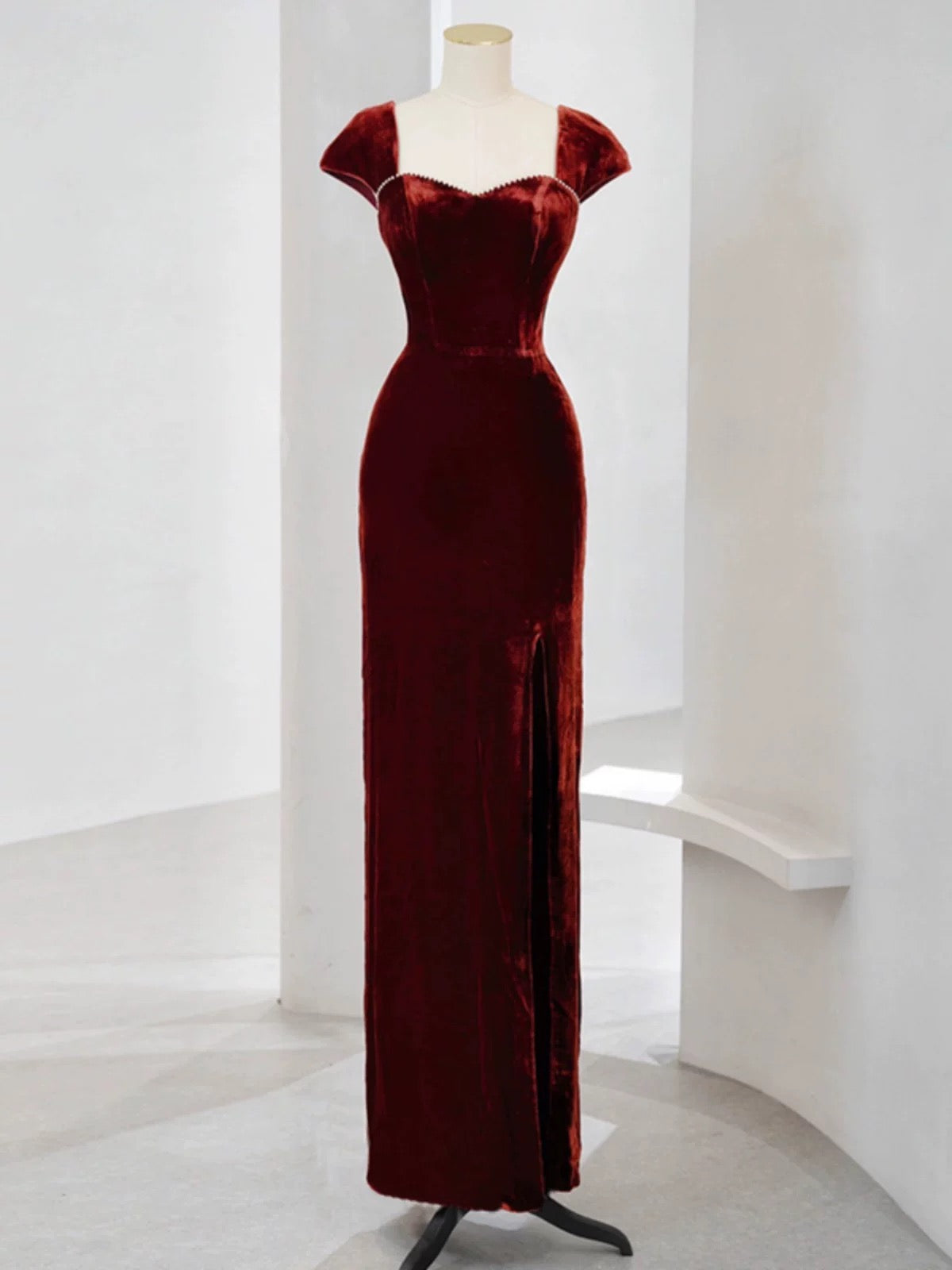 Pretty Mermaid Burgundy Velvet Slit Evening Dress Prom Dresses SD2771