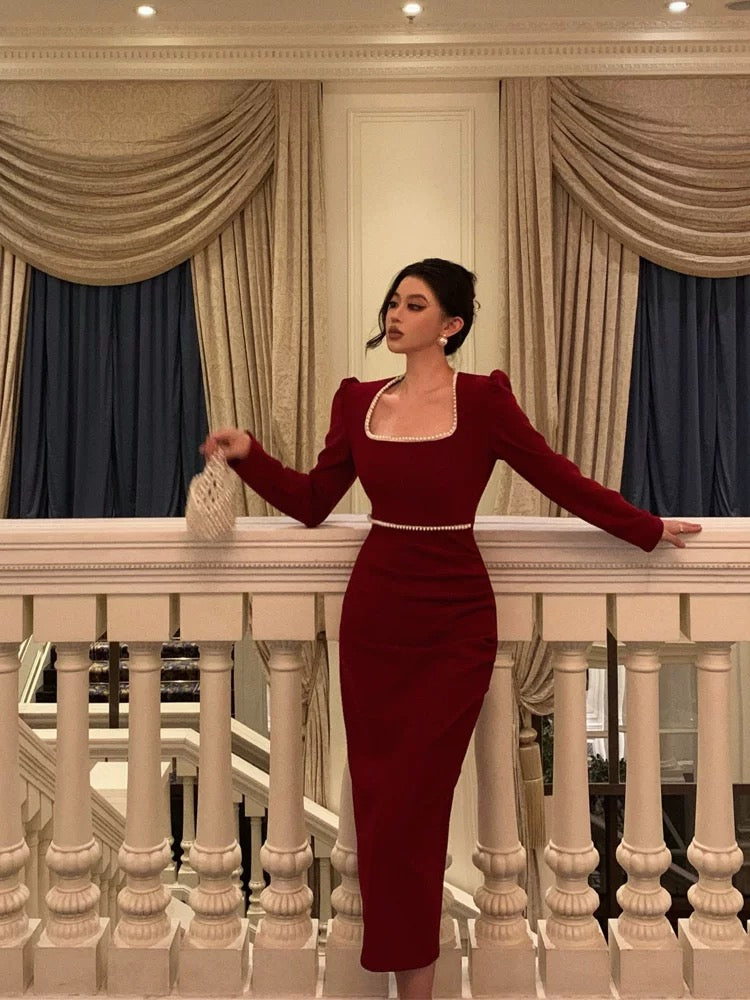 Stunning Sheath Square Neckline Long Sleeves Date Night Dress Red Prom Dresses Birthday Outfit SD839