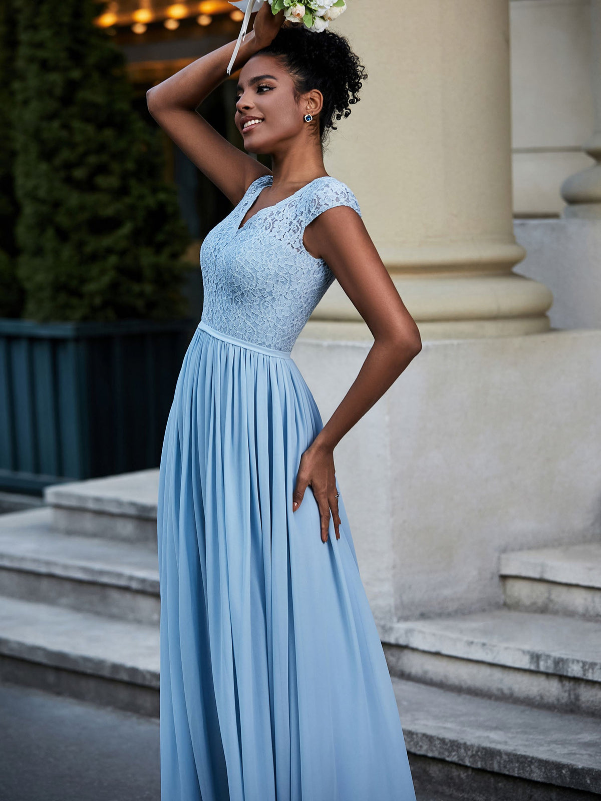 Lace and Chiffon Maxi Dress with Cap Sleeves-Sky Blue