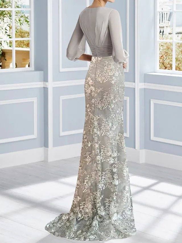 Mermaid / Trumpet Mother of the Bride Dress Elegant V Neck Sweep / Brush Train Chiffon Lace Half Sleeve with Pleats Appliques - RongMoon