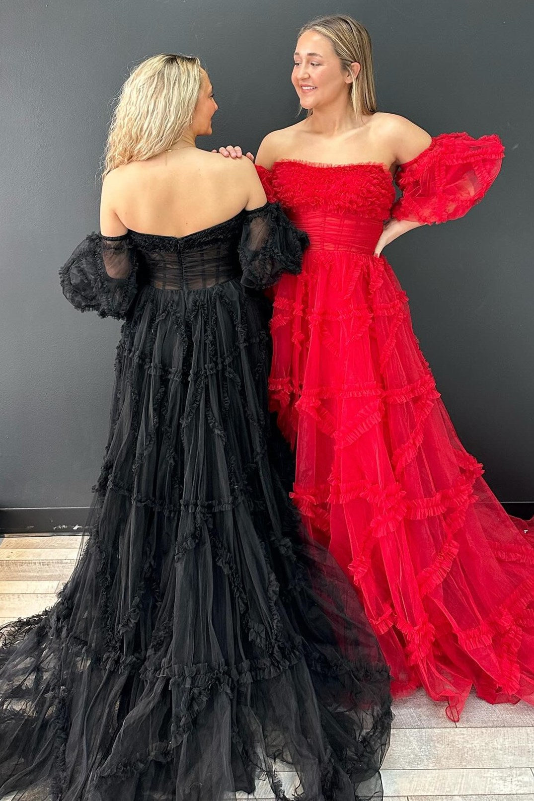 Magenta Strapless Ruffles A-Line Long Formal Dress with Puff Sleeves
