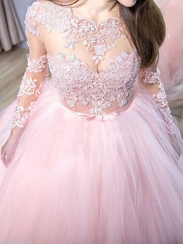 Ball Gown Jewel Long Sleeves Sweep/Brush Train Lace Tulle Dresses - RongMoon