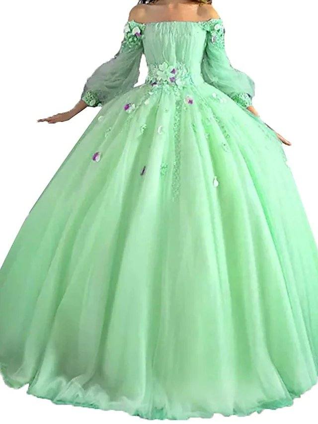 Ball Gown Elegant Floral Quinceanera Prom Dress Off Shoulder Long Sleeve Floor Length Tulle with Pleats Appliques - RongMoon