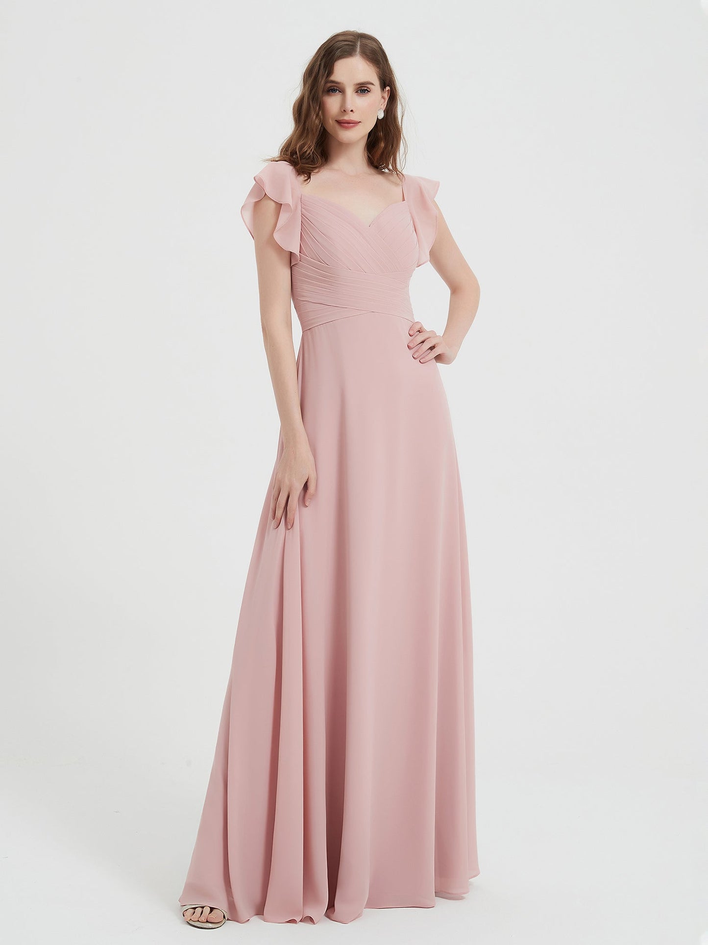 Sweetheart Flutter Sleeves Chiffon Dress Dusty Rose