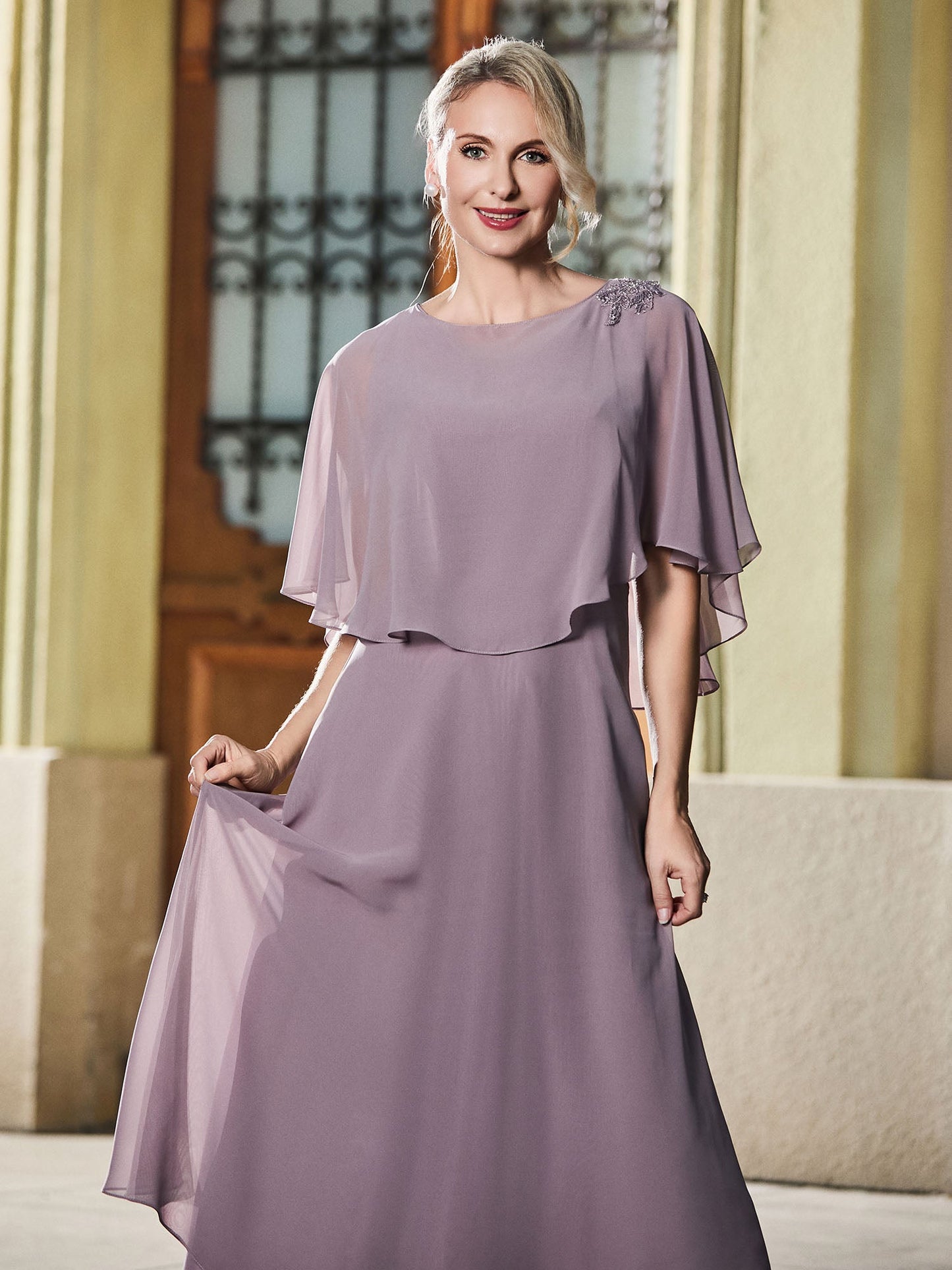Cap Sleeve A-line Chiffon Tea-length Dress Dusk