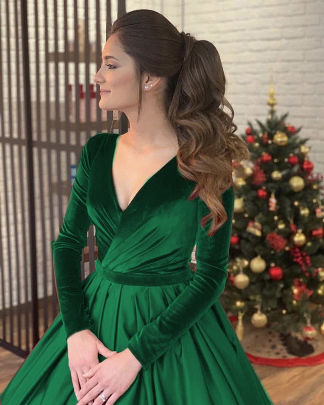 Satin Wedding Ball Gown Dress With Velvet Long Sleeves