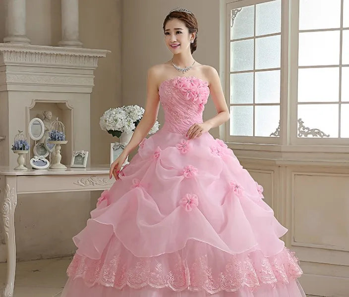 Customized Bride Wedding Dress Lace Up Tube Top Ball Gowns