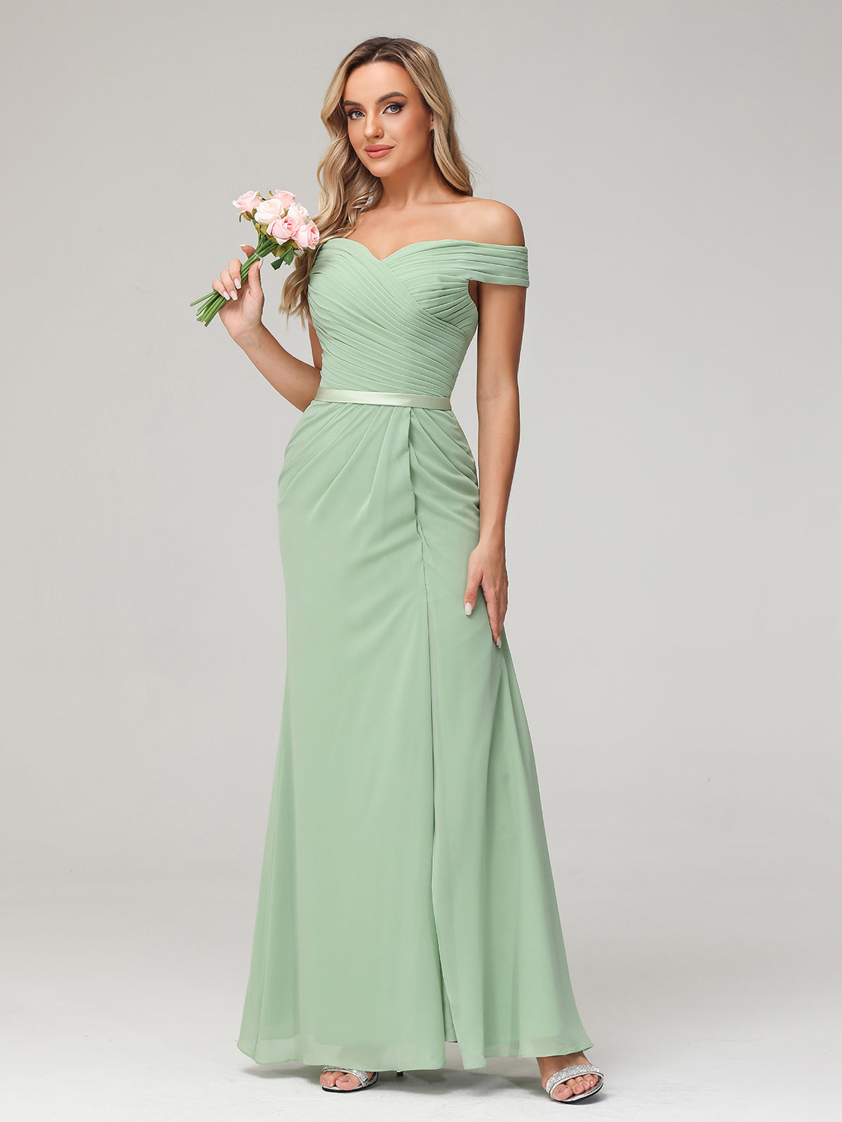 Chiffon Off Shoulder Dresses with Slit-Dusty Sage