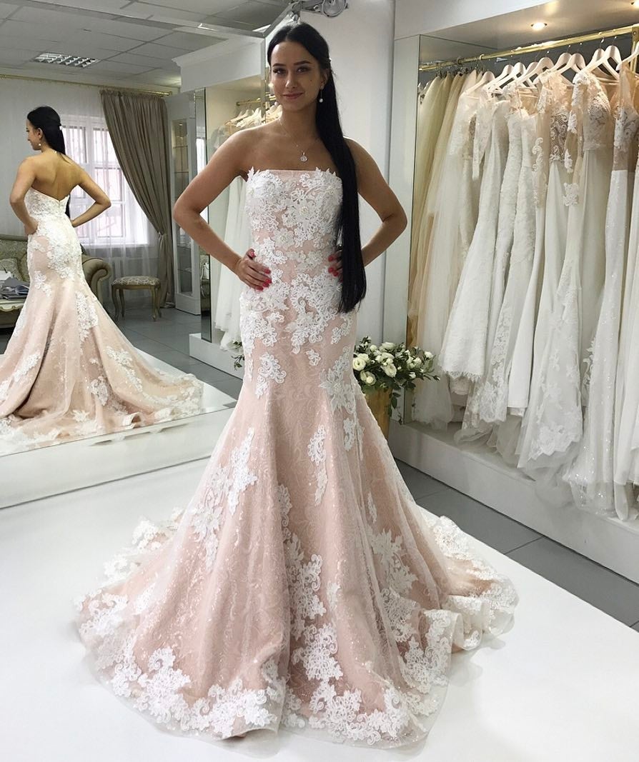 Sexy Strapless Champagne Mermaid Wedding Dresses Ivory Lace Appliques