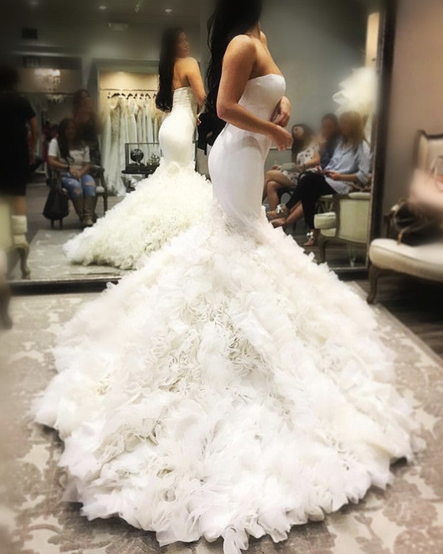Sexy Sweetheart Bodice Corset Satin Mermaid Wedding Dresses Organza Ruffles