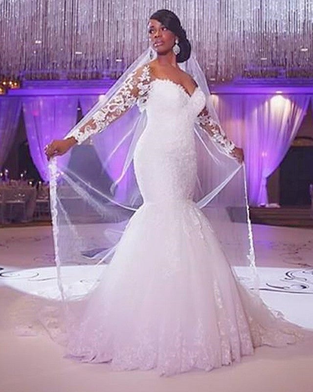 Sheer Lace Long Sleeves Tulle Mermaid Wedding Dresses Off The Shoulder