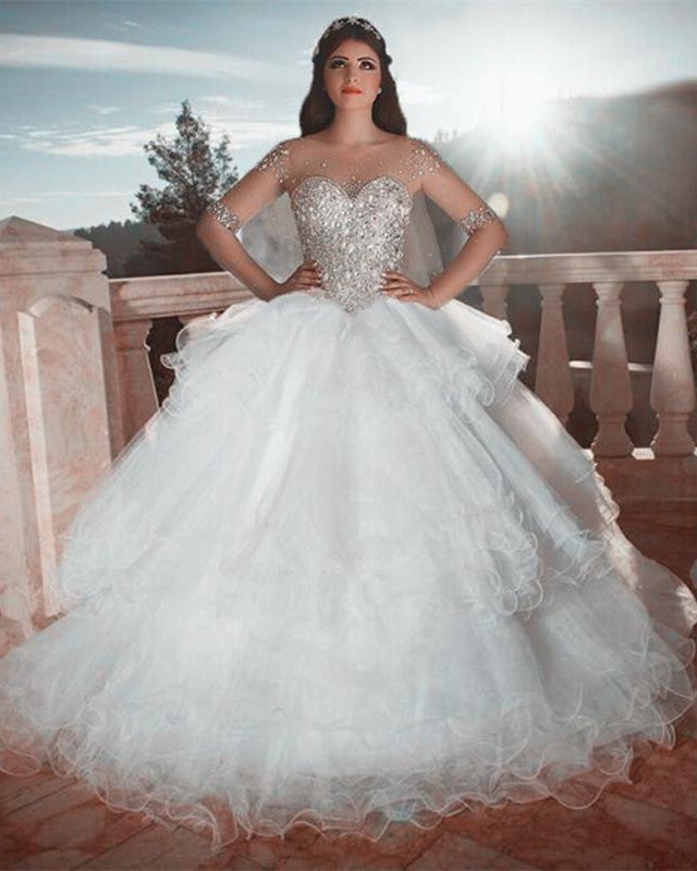 Sheer Long Sleeves Organza Ruffles Wedding Dress Ball Gowns