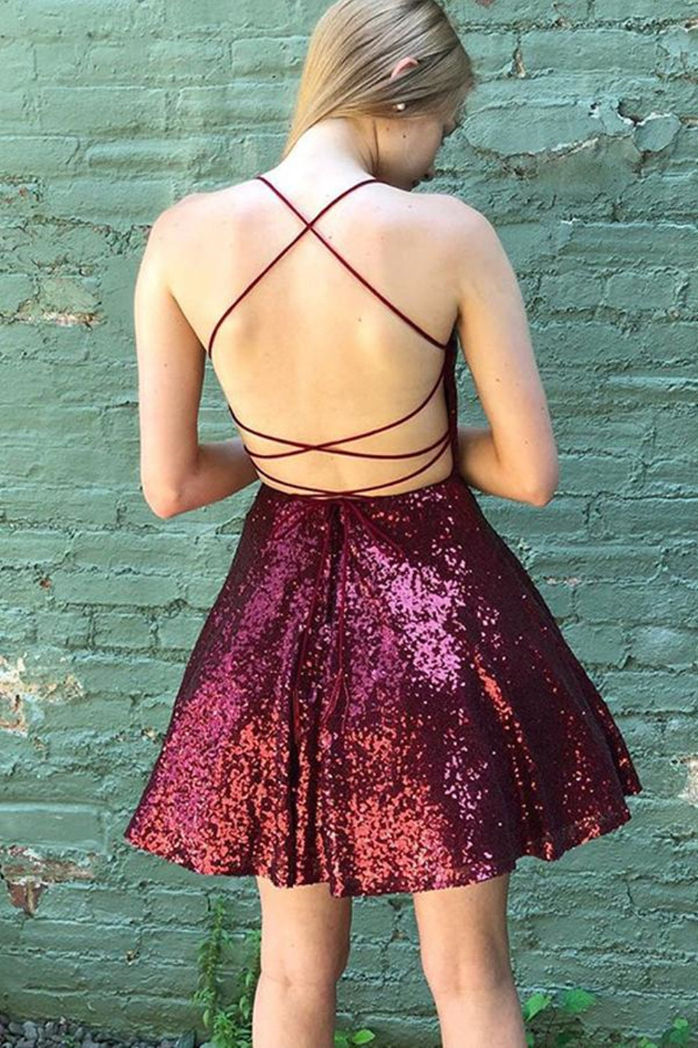 Shiny Sequins Backless Burgundy Short Prom Dress, Backless Burgundy Homecoming Dress, Short Burgundy Formal Evening Dress