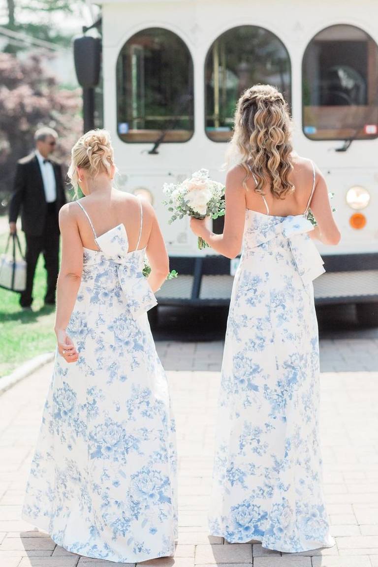 Blue Print Spaghetti Strap Long Dress with Slit