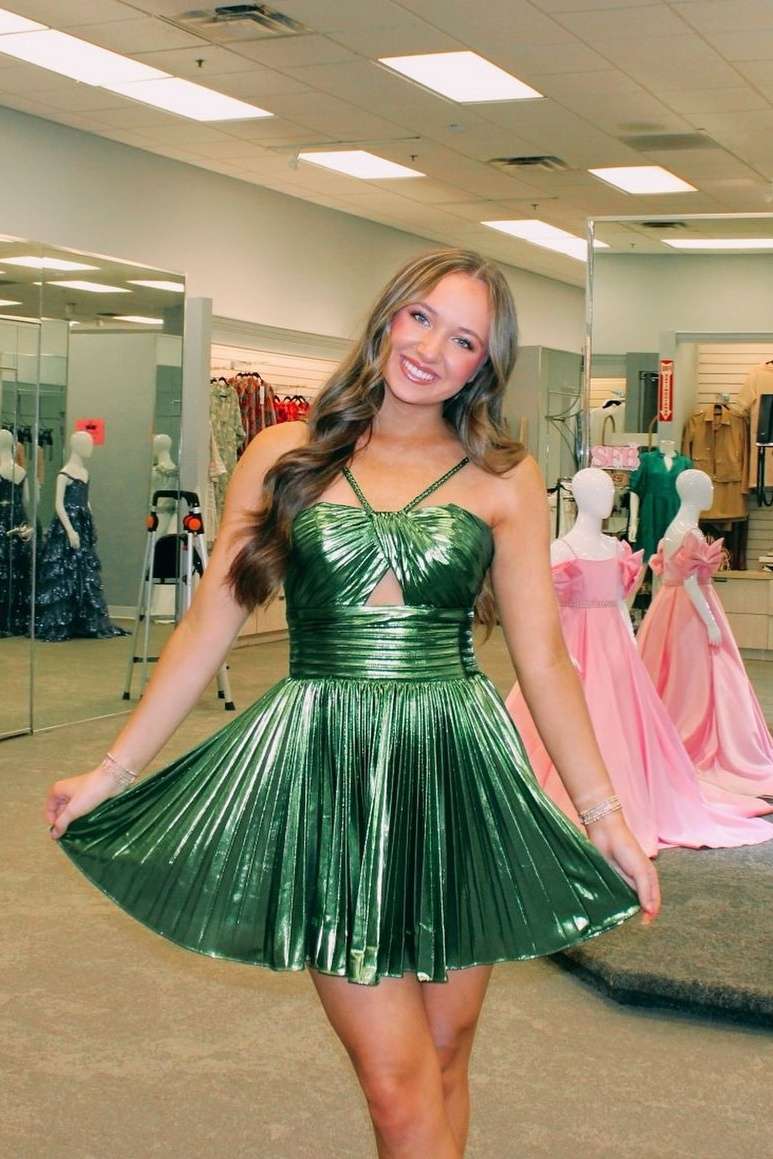 Champagne Metallic Spaghetti Strap Pleated A-Line Homecoming Dress