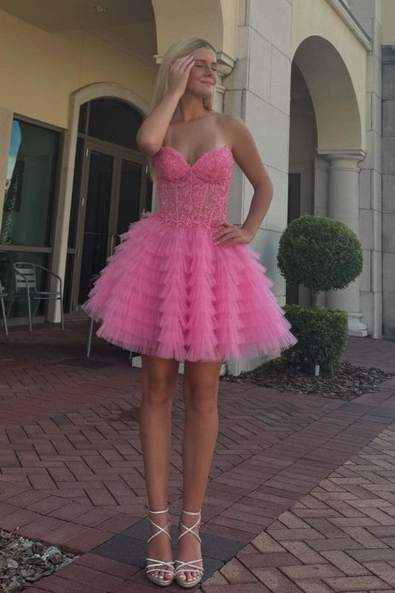 A-Line Strapless Applique Multi-Layers Tulle Sleeveless Short Homecoming Dress