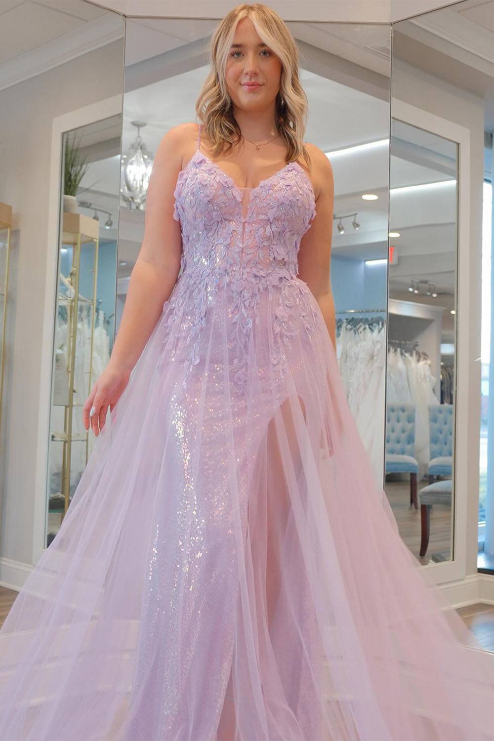 Light Purple Spaghetti Straps A-Line Sequin Long Prom Dress with Appliques