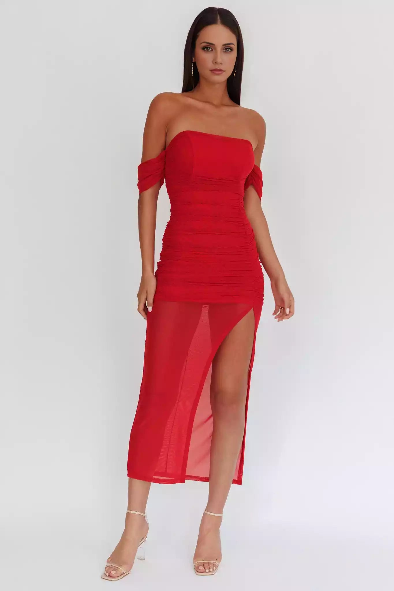 Stunning lining mesh covering off shoulder tight corset with pleated details, front slit and back zipper Prom Dresses