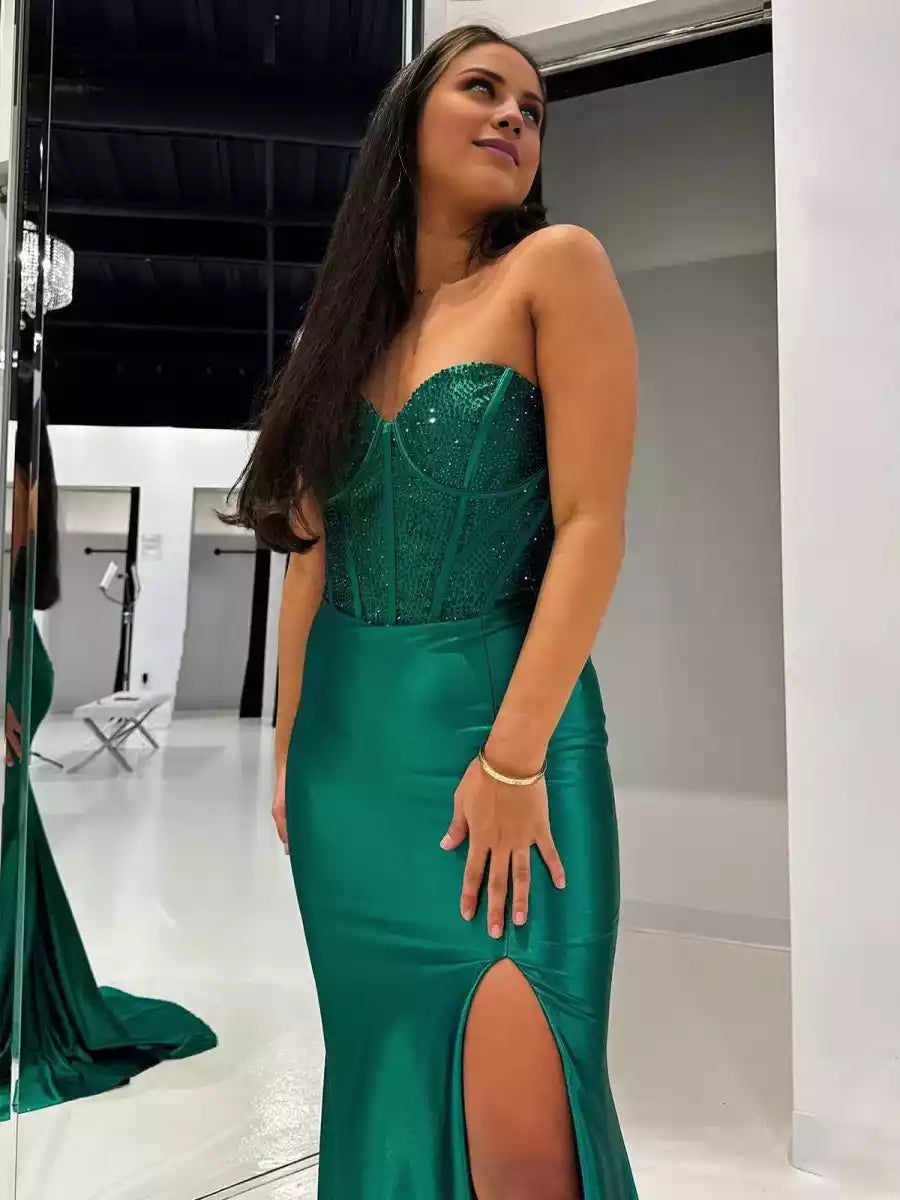 Stunning satin mermaid long tail heart-shaped neckline with sleeveless beading, slit tie back Prom Dresses