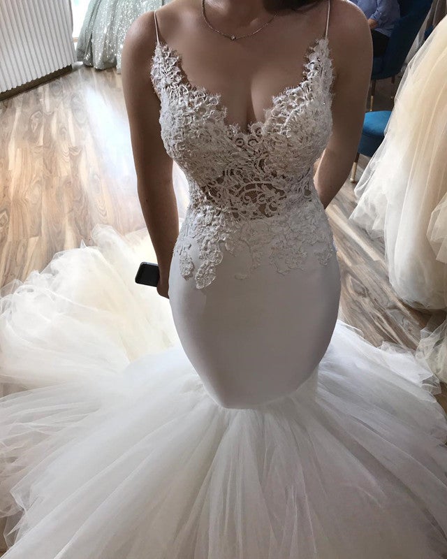Stylish Lace Embroidery V-neck Open Back Tulle Mermaid Wedding Dresses