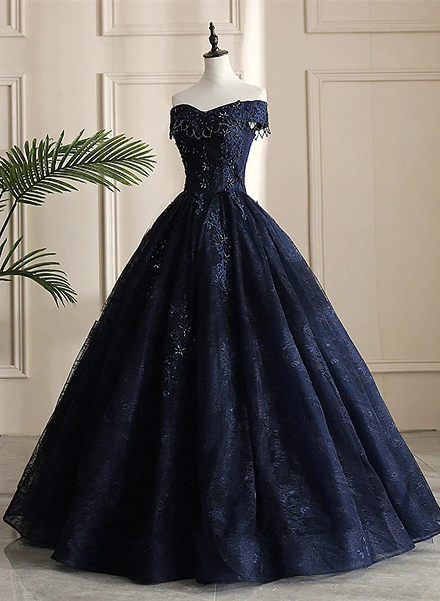 Glam Navy Blue Lace Ball Gown Sweet 16 Dress, Blue Long Wedding Party Dress HZ1024