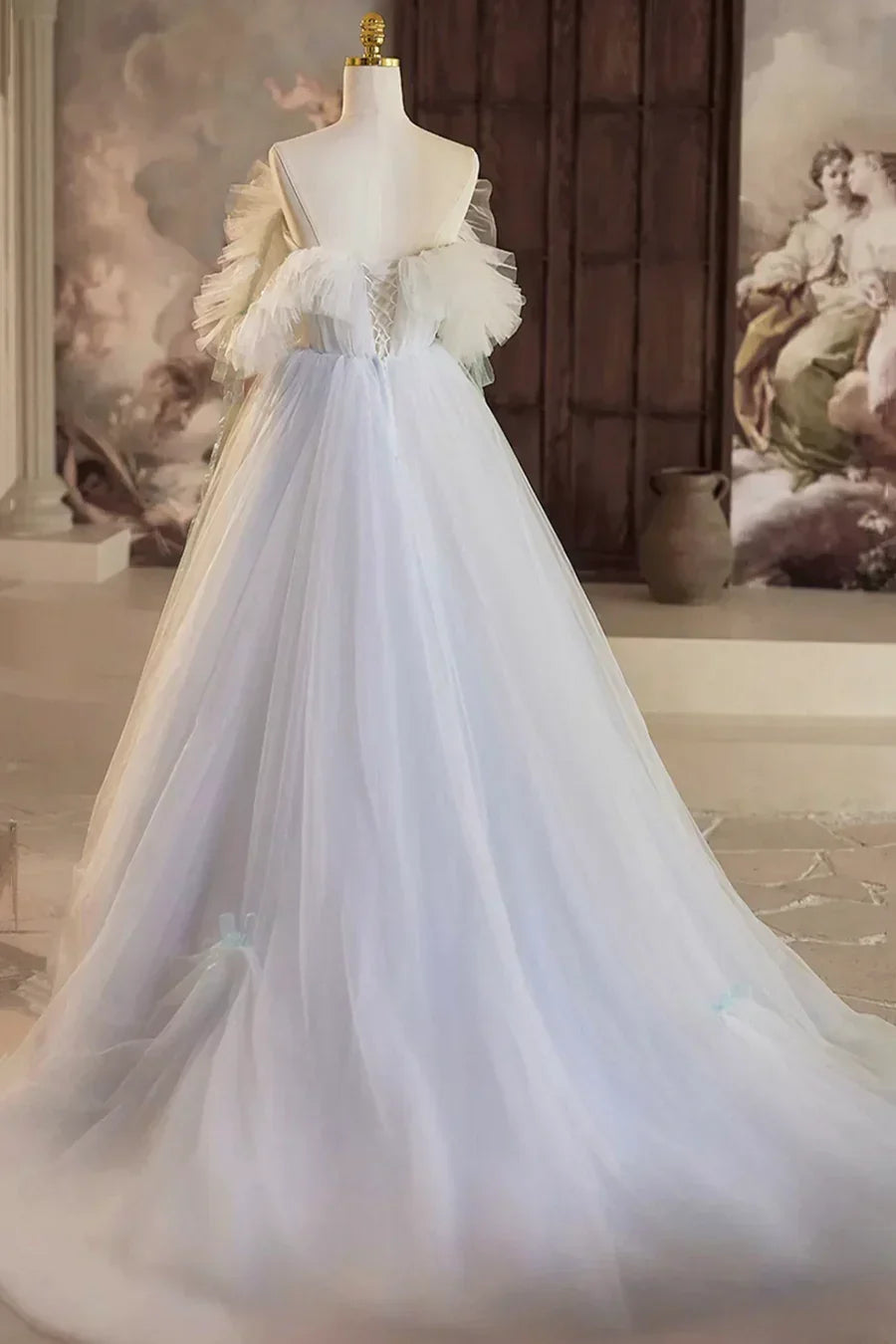A-Line Tulle Floor Length Prom Dress, Off the Shoulder Blue Evening Party Dress HZ1024