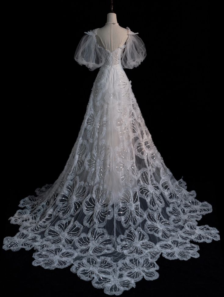 White A-Line Short Sleeve Floral Tulle Long Floor Length Prom Dresses HZ1024