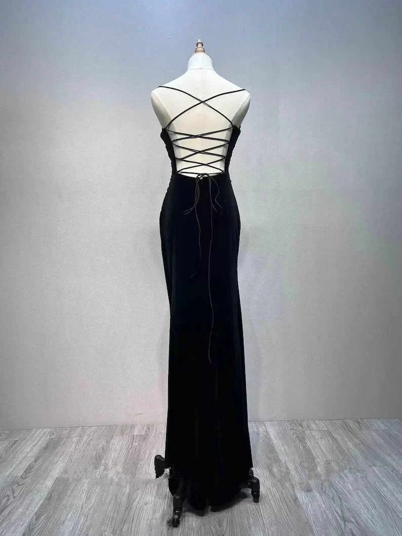 Black Mermaid Velvet Long Party Dress, Black Straps Prom Dress Formal Dress HZ1024