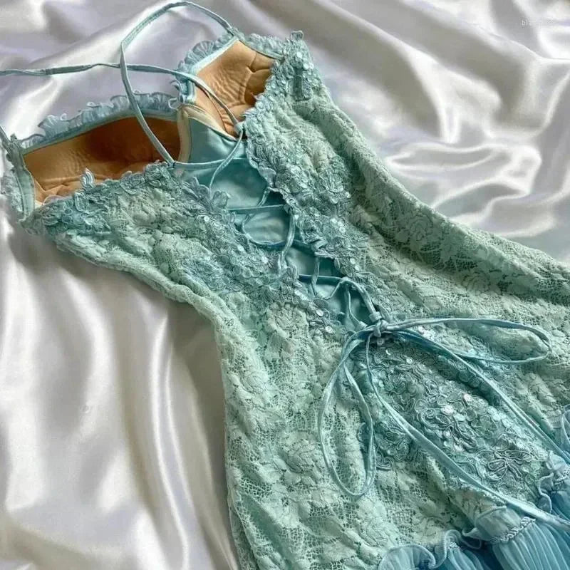 Vintage Blue Strapless A-Line Lace Midi Birthday Party Dress Prom Dress HZ1024