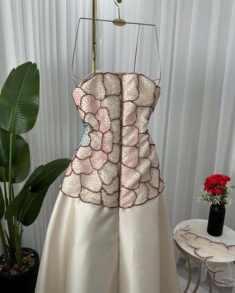 Elegant A-Line Strapless Beaded Satin Long Formal Prom Dress Evening Gown HZ1024
