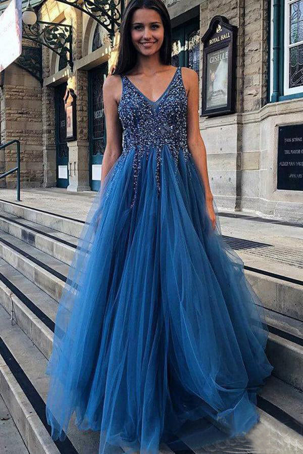 A-Line/Princess Beading Tulle Sleeveless Prom Dresses