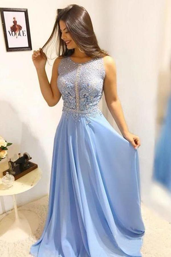 A-Line/Princess Chiffon Floor-Length Beading Prom Dresses