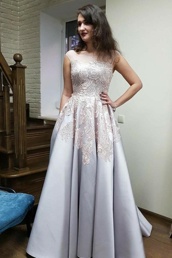 A-Line/Princess Satin Appliques Sleeveless Lace Prom Dresses