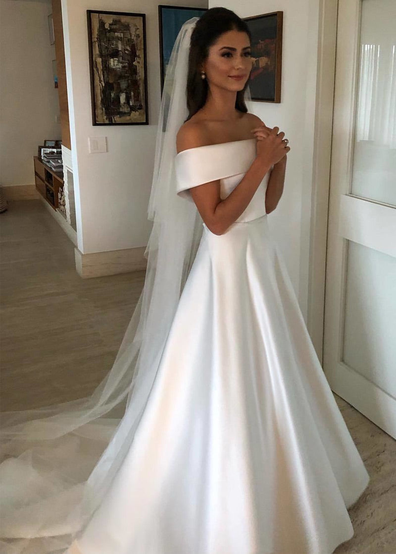 New A-Line/Princess Off-the-Shoulder Satin Long Wedding Dresses