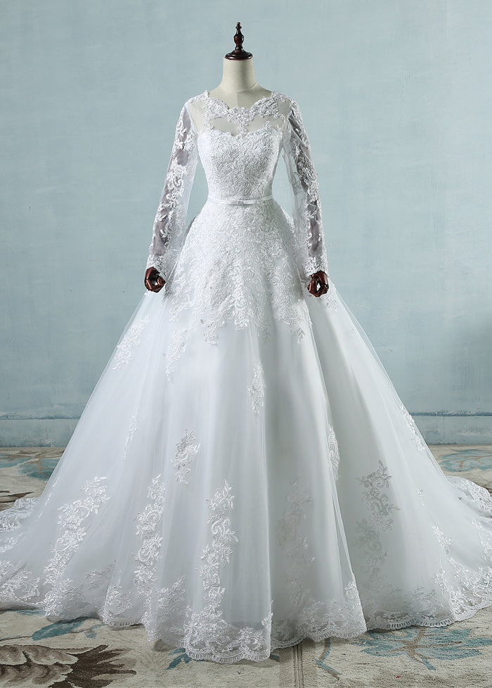 Long Sleeves Scoop Neck Lace Wedding Dresses