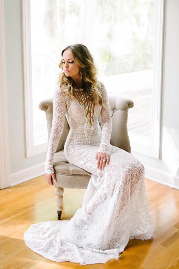 Open Back Long Sleeves Lace Wedding Dress