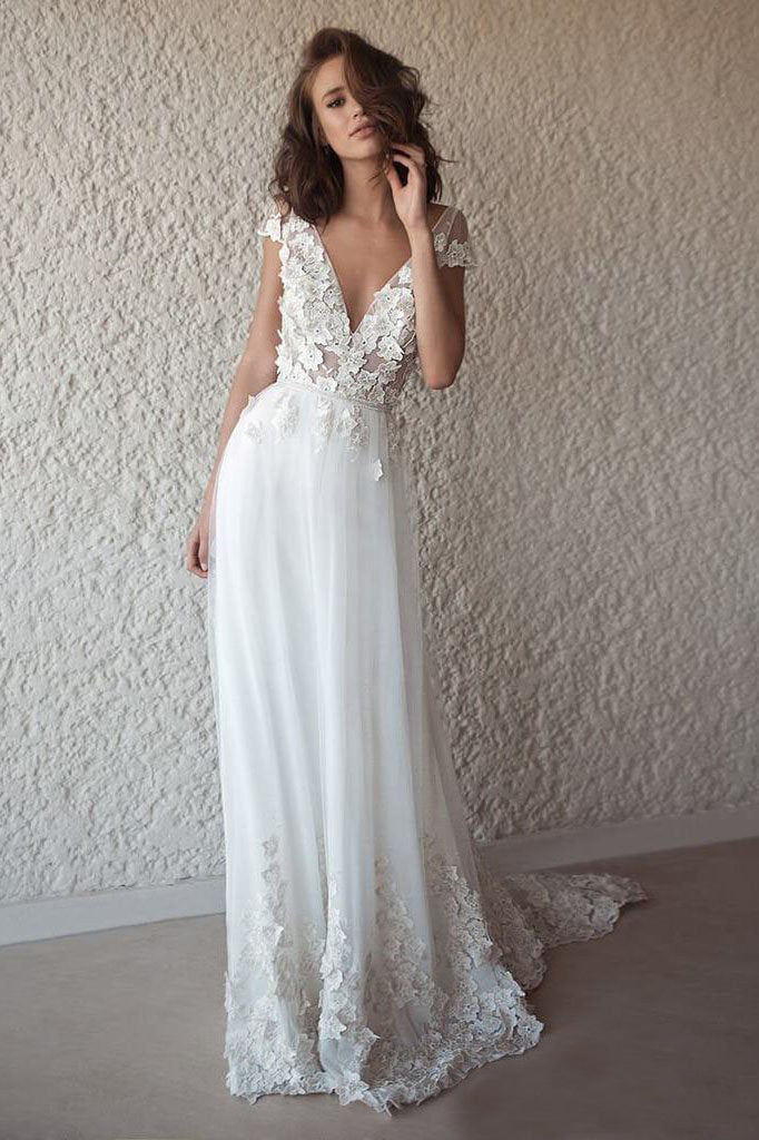 Chiffon Sweep Train Appliques Lace Boho Wedding Dresses
