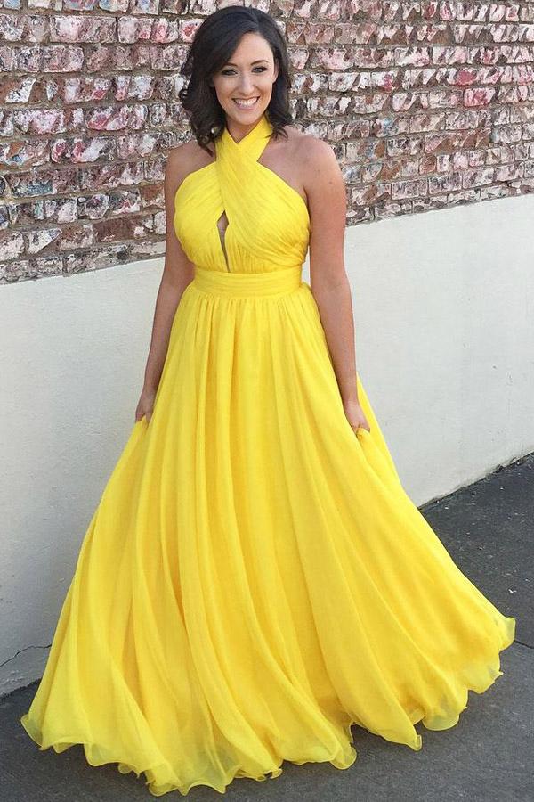 Chiffon Yellow Halter Long Bridesmaids Dresses